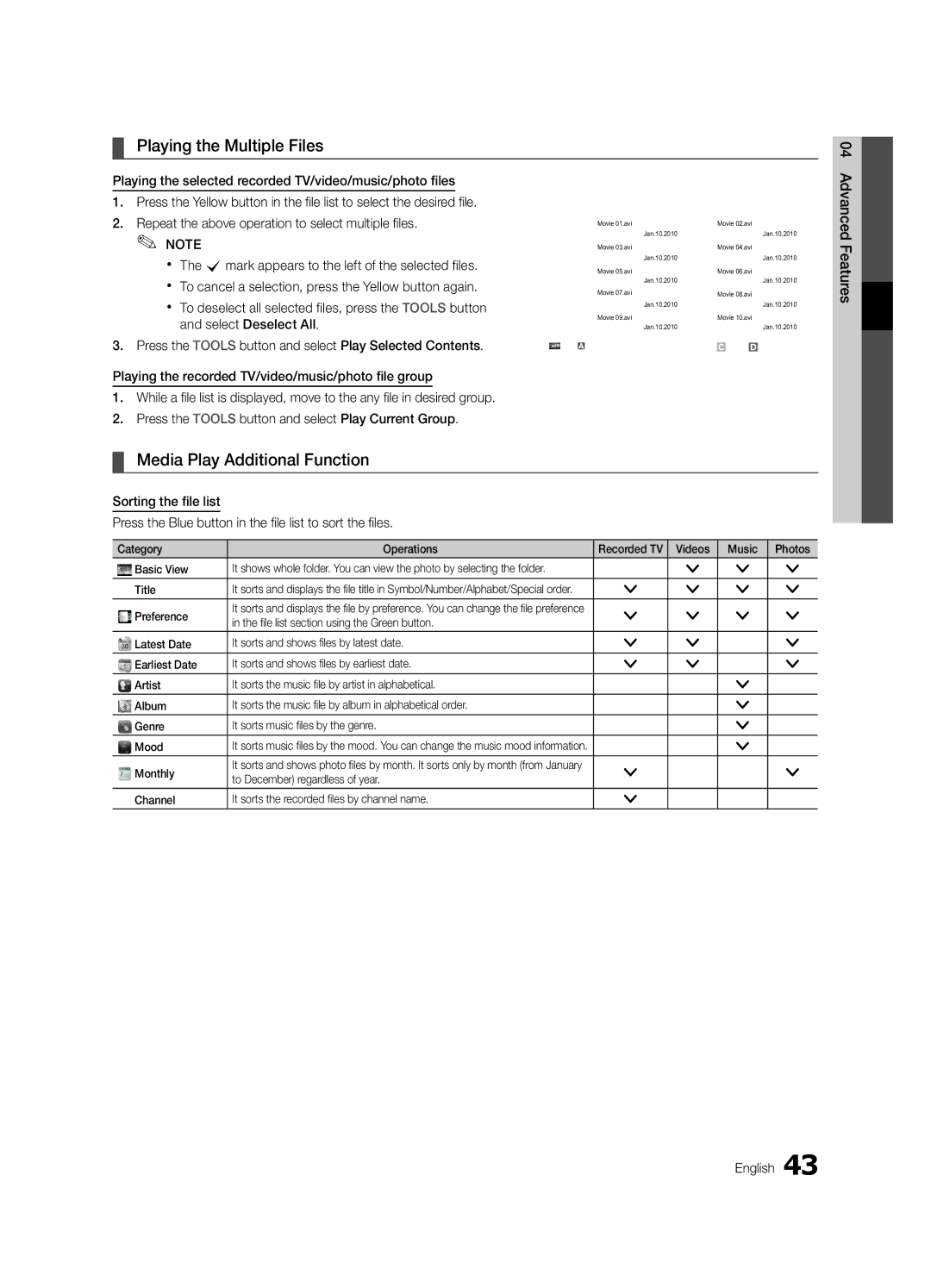 Samsung UE46C7000WPXZT, UE55C7000WPXZT, UE40C7000WPXZT Playing the Multiple Files, Media Play Additional Function, Advanced 