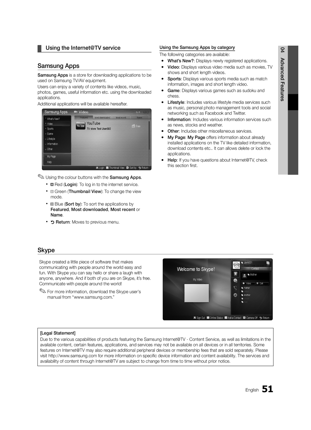 Samsung UE55C7000WPXZT, UE46C7000WPXZT manual Samsung Apps, Skype, Using the Internet@TV service, Legal Statement English 