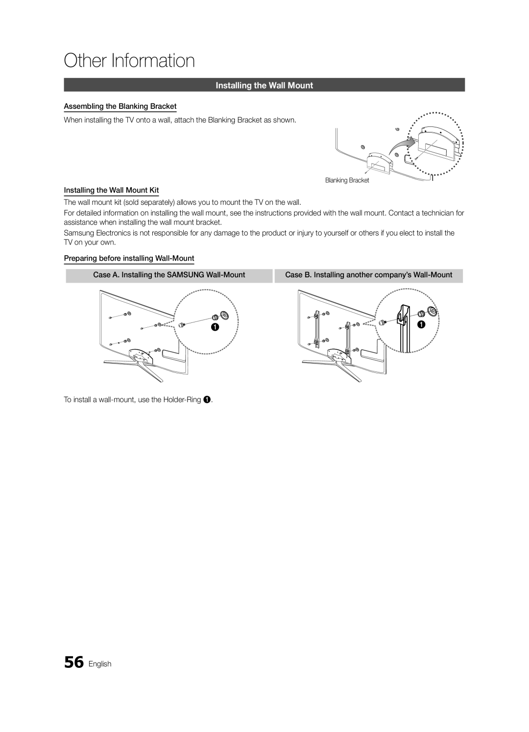 Samsung UE40C7000WPXZT, UE55C7000WPXZT, UE46C7000WPXZT manual Installing the Wall Mount, Blanking Bracket 