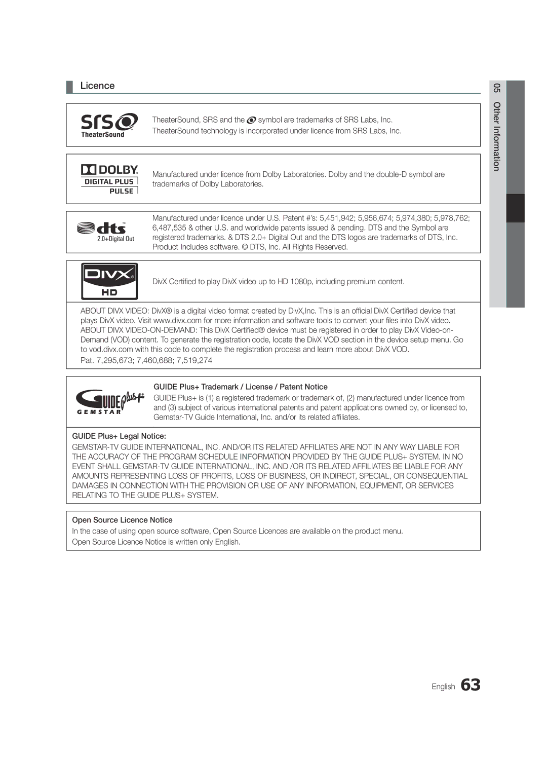 Samsung UE55C7000WPXZT, UE46C7000WPXZT, UE40C7000WPXZT manual Licence, Guide Plus+ Legal Notice 