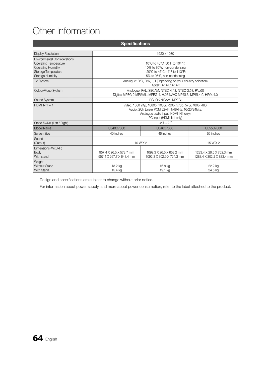 Samsung UE46C7000WPXZT, UE55C7000WPXZT, UE40C7000WPXZT manual Specifications 