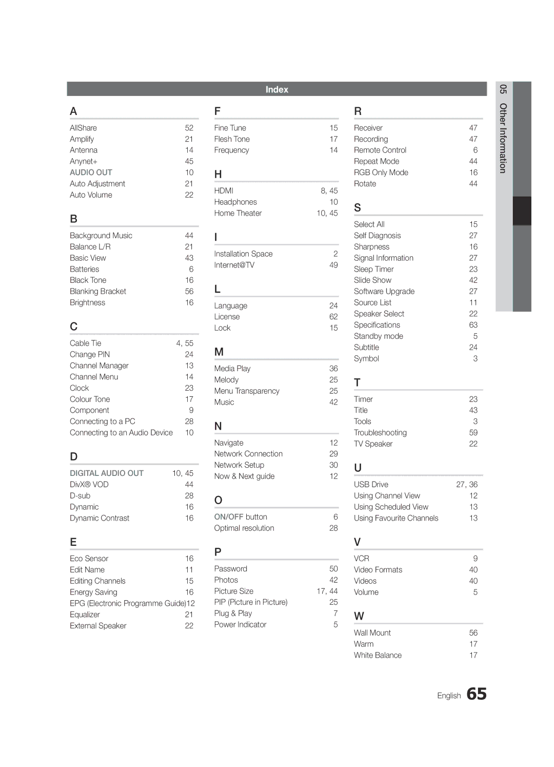 Samsung UE40C7000WPXZT Index, AllShare Amplify Antenna Anynet+, Equalizer External Speaker, Fine Tune Flesh Tone Frequency 