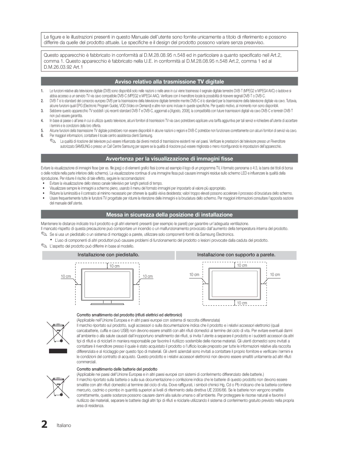 Samsung UE55C7000WPXZT, UE46C7000WPXZT manual Installazione con piedistallo, Installazione con supporto a parete, Italiano 