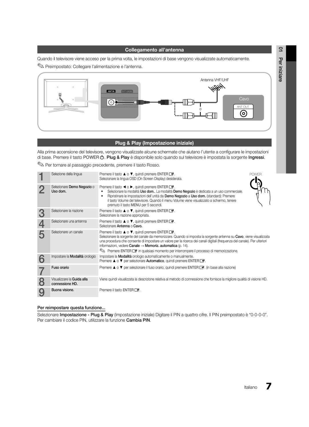 Samsung UE40C7000WPXZT, UE55C7000WPXZT, UE46C7000WPXZT manual Collegamento all’antenna, Plug & Play Impostazione iniziale 