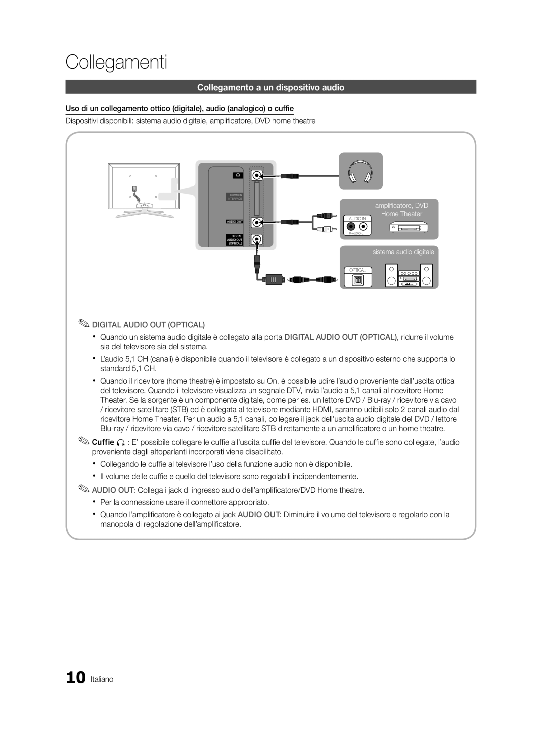 Samsung UE40C7000WPXZT, UE55C7000WPXZT, UE46C7000WPXZT manual Collegamento a un dispositivo audio 