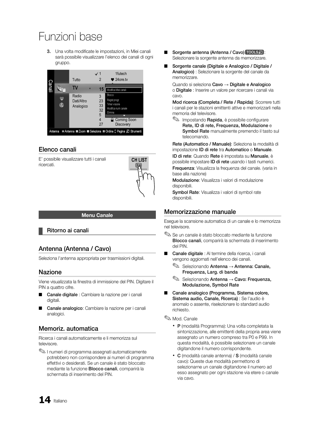 Samsung UE55C7000WPXZT Elenco canali, Antenna Antenna / Cavo, Nazione, Memoriz. automatica, Memorizzazione manuale 