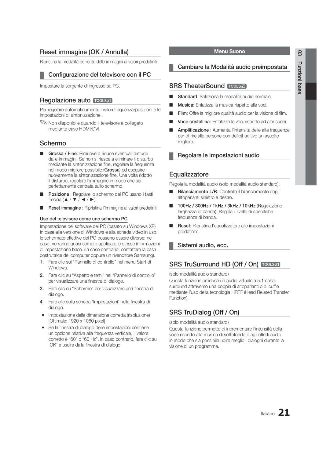 Samsung UE46C7000WPXZT, UE55C7000WPXZT manual Reset immagine OK / Annulla, Regolazione auto t, Schermo, Equalizzatore 