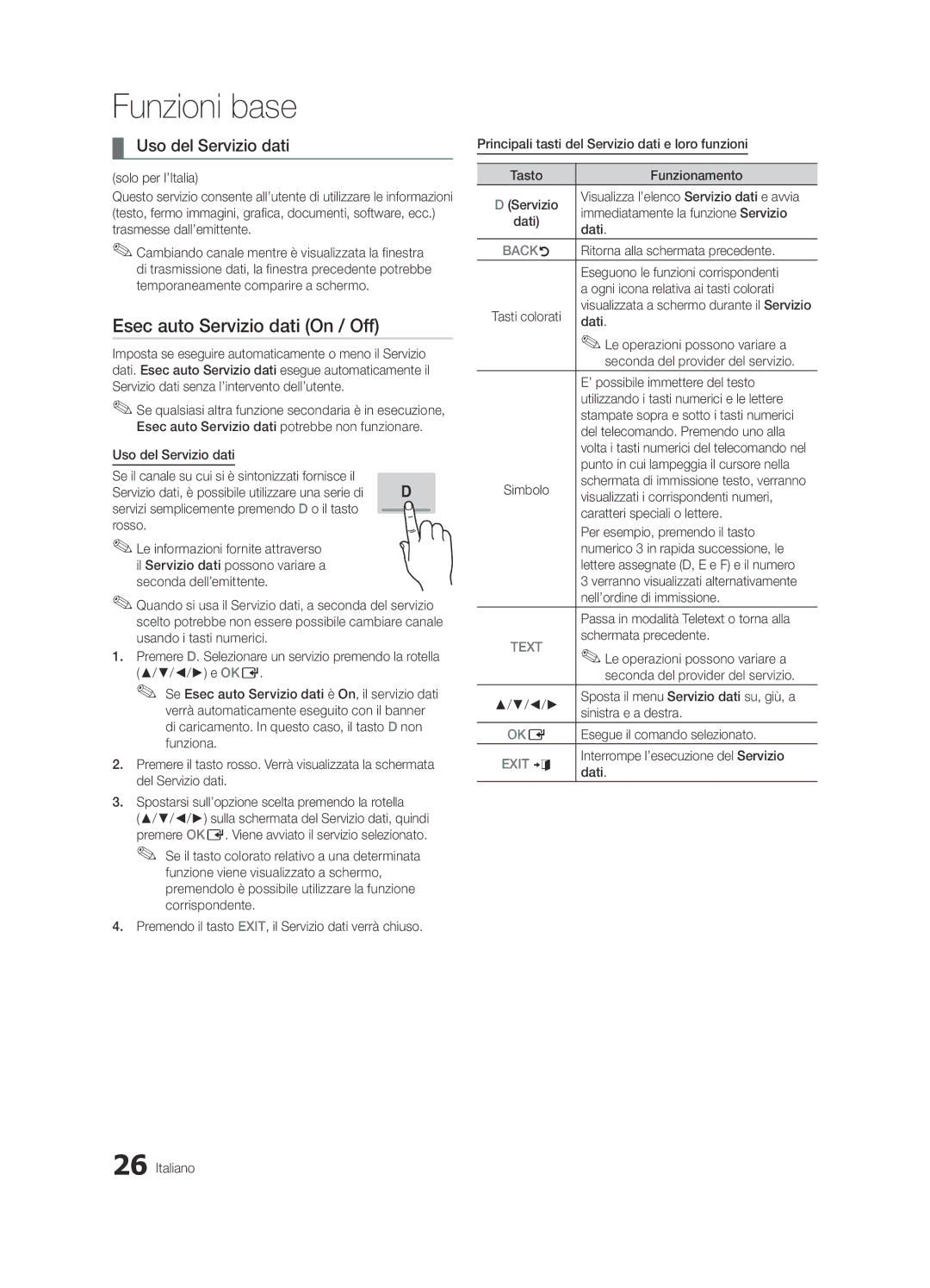 Samsung UE55C7000WPXZT, UE46C7000WPXZT, UE40C7000WPXZT manual Esec auto Servizio dati On / Off, Uso del Servizio dati 