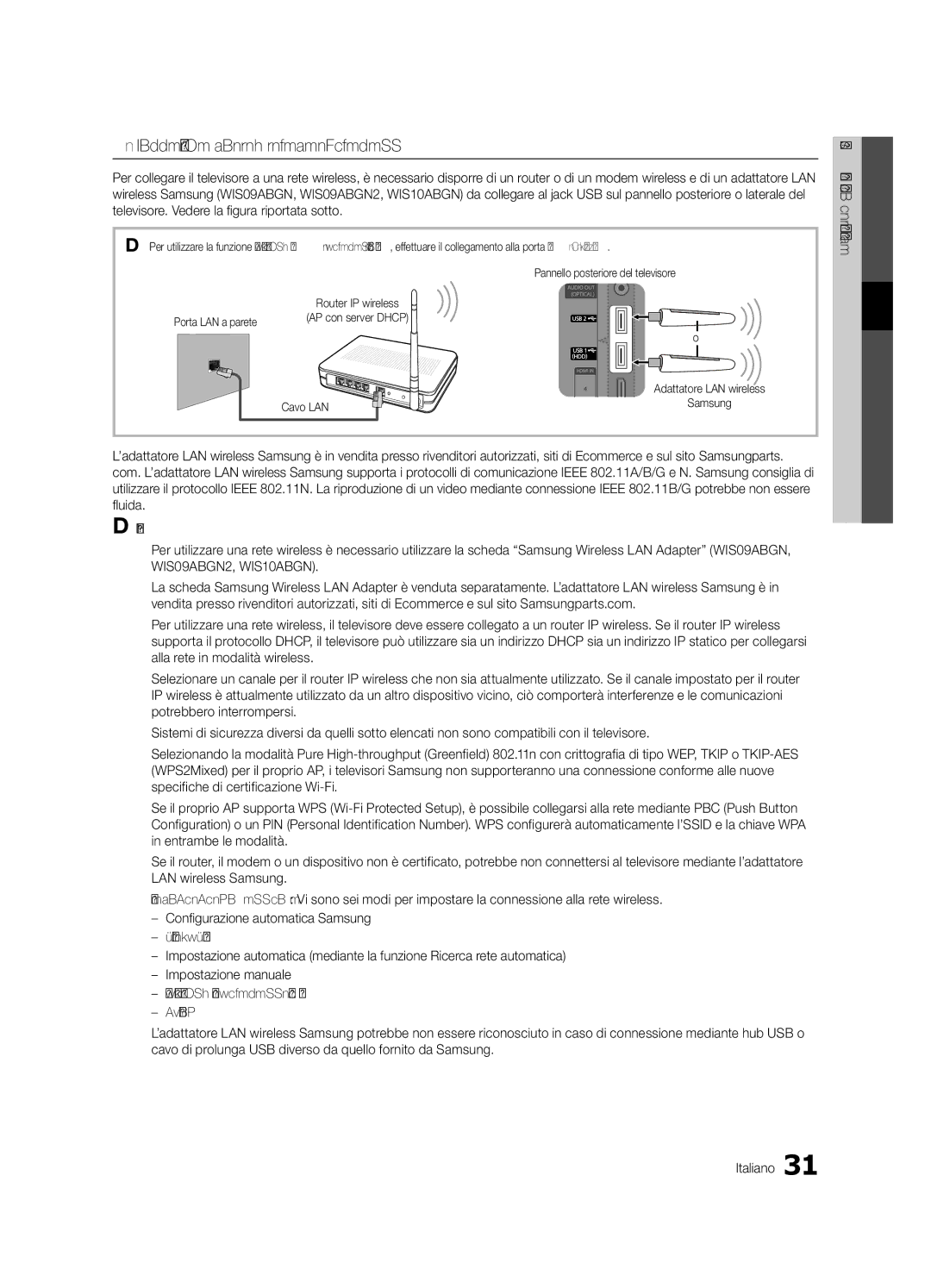 Samsung UE40C7000WPXZT manual Collegamento a una rete wireless, Porta LAN a parete AP con server Dhcp, Cavo LAN Samsung 