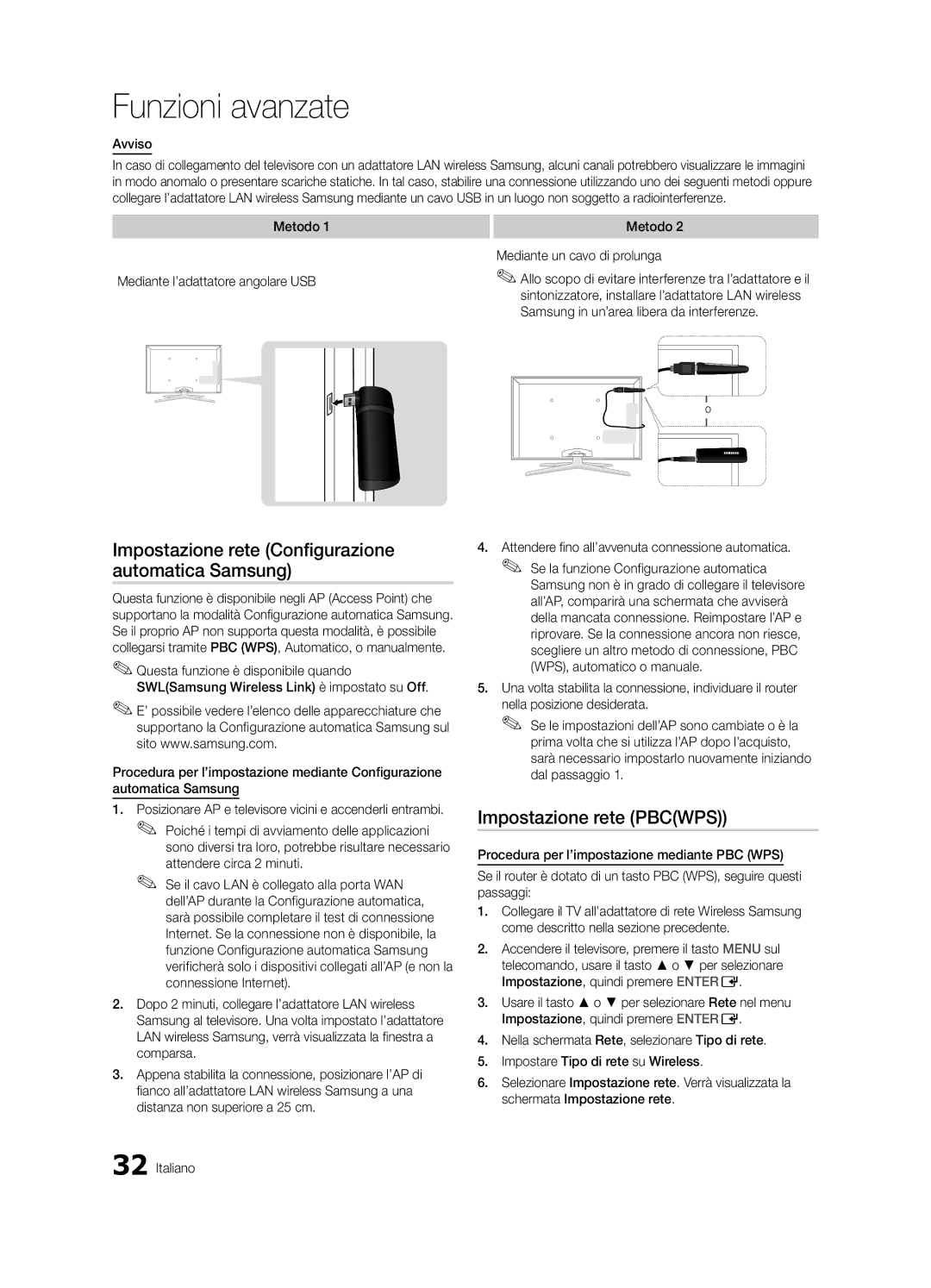 Samsung UE55C7000WPXZT manual Impostazione rete Configurazione automatica Samsung, Impostazione rete Pbcwps, Avviso 