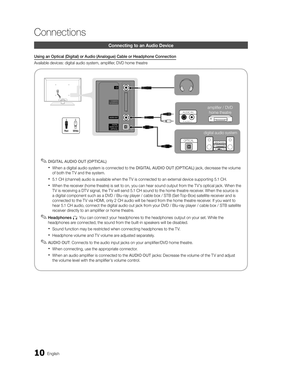 Samsung UE55C7000WWXXC, UE55C7700WSXXN, UE55C7700WZXZG manual Connecting to an Audio Device, Digital Audio OUT Optical 