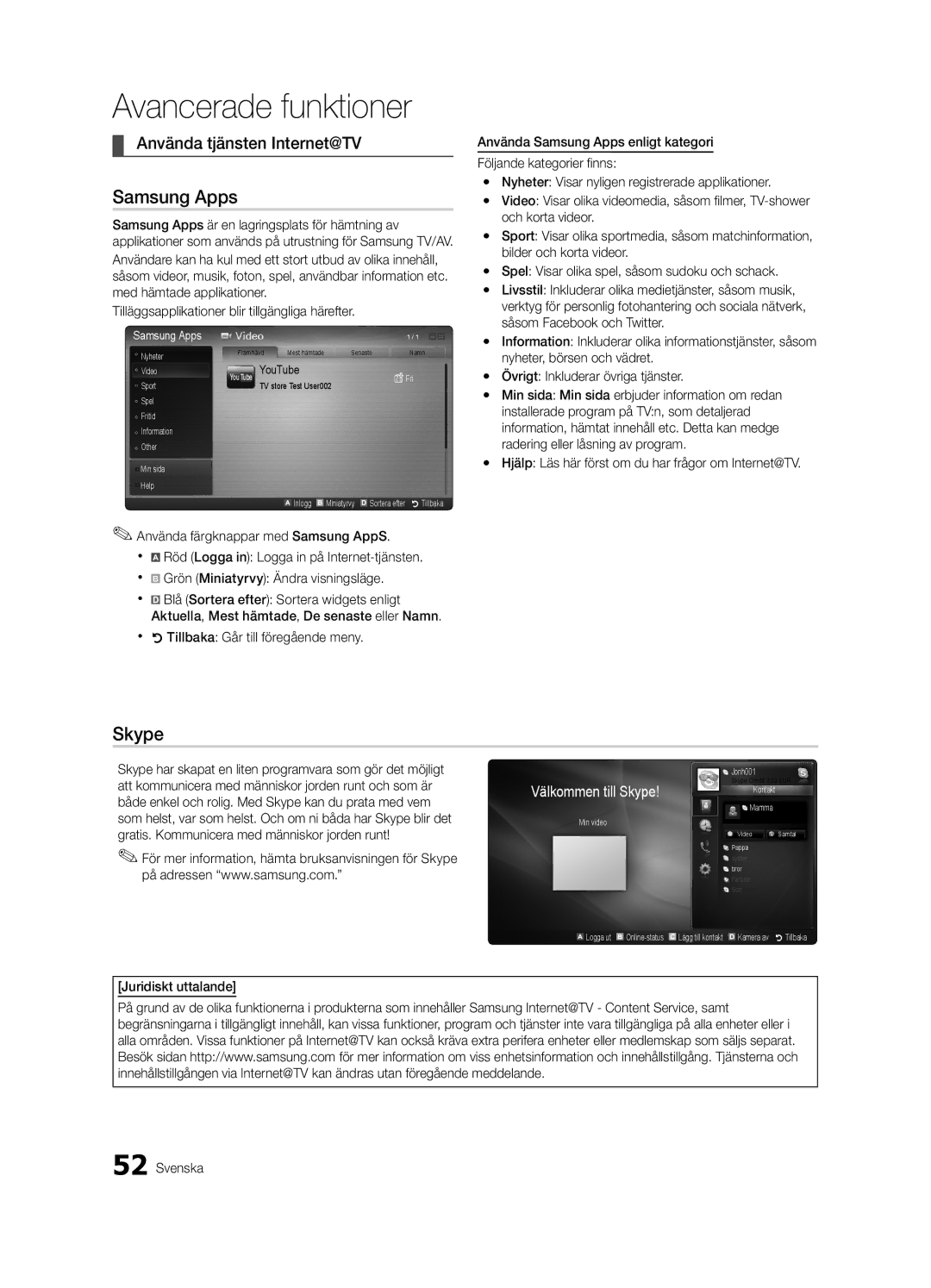 Samsung UE46C7705WSXXE, UE55C7700WSXXN, UE55C7700WZXZG manual Använda tjänsten Internet@TV, Juridiskt uttalande Svenska 