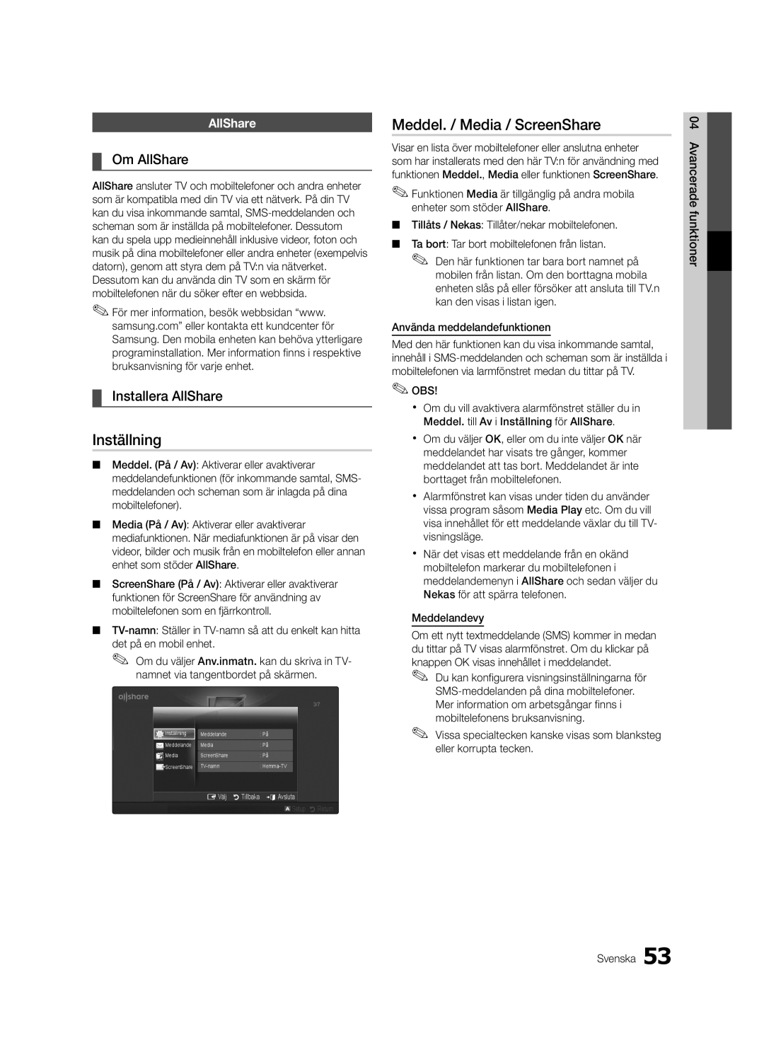 Samsung UE55C7705WSXXE, UE55C7700WSXXN manual Inställning, Meddel. / Media / ScreenShare, Om AllShare, Installera AllShare 