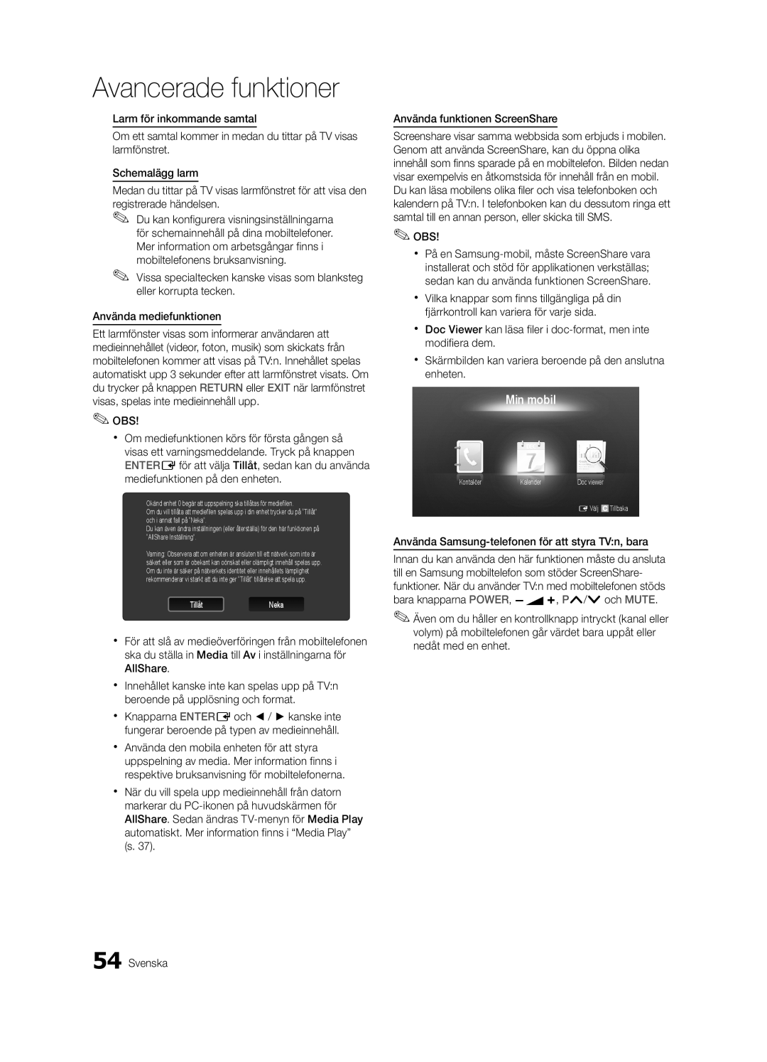 Samsung UE40C7705WSXXE, UE55C7700WSXXN, UE55C7700WZXZG manual Min mobil, Använda Samsung-telefonen för att styra TVn, bara 