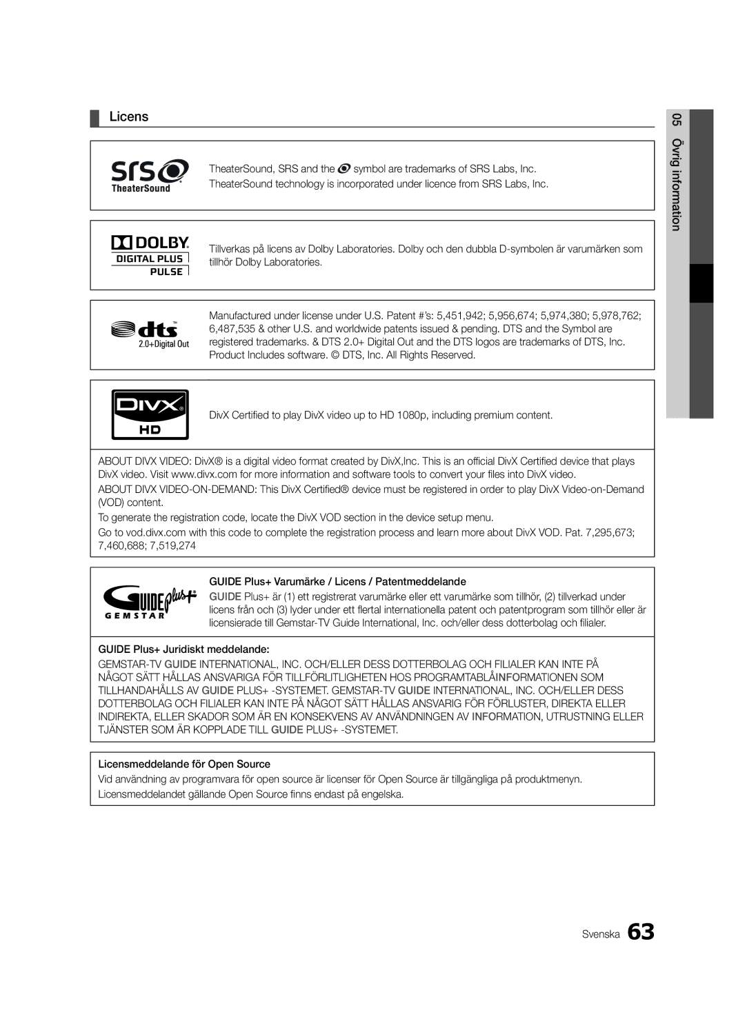 Samsung UE40C7000WPXZT, UE55C7700WSXXN, UE55C7700WZXZG, UE40C7700WSXXN manual Licens, Guide Plus+ Juridiskt meddelande 