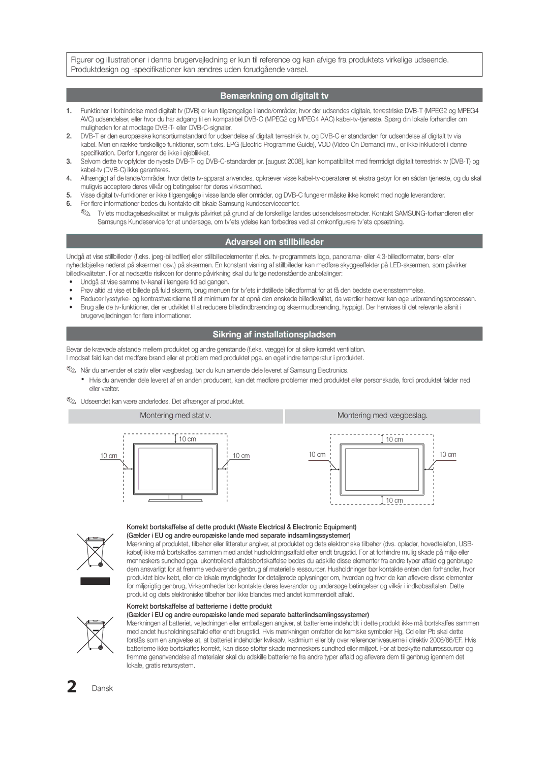 Samsung UE40C7000WWXXH, UE55C7700WSXXN, UE55C7700WZXZG, UE40C7700WSXXN, UE40C7700WZXZG manual Montering med vægbeslag, Dansk 