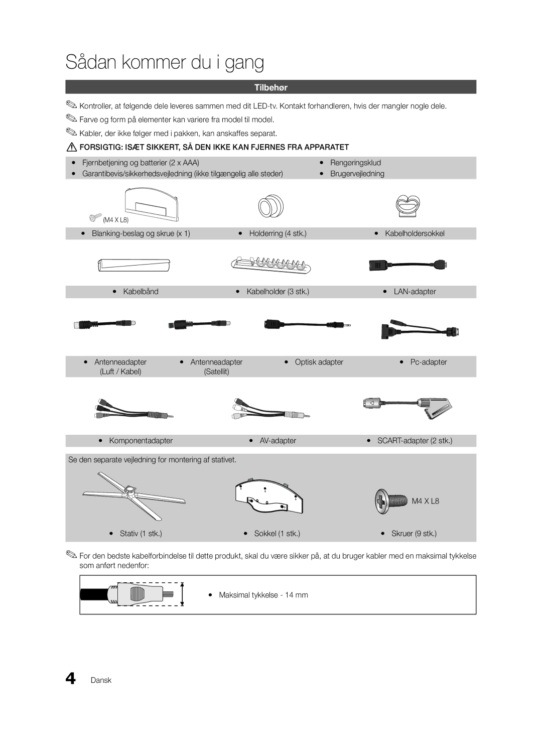 Samsung UE40C7000WKXXU, UE55C7700WSXXN, UE55C7700WZXZG, UE40C7700WSXXN, UE40C7700WZXZG manual Sådan kommer du i gang, Tilbehør 