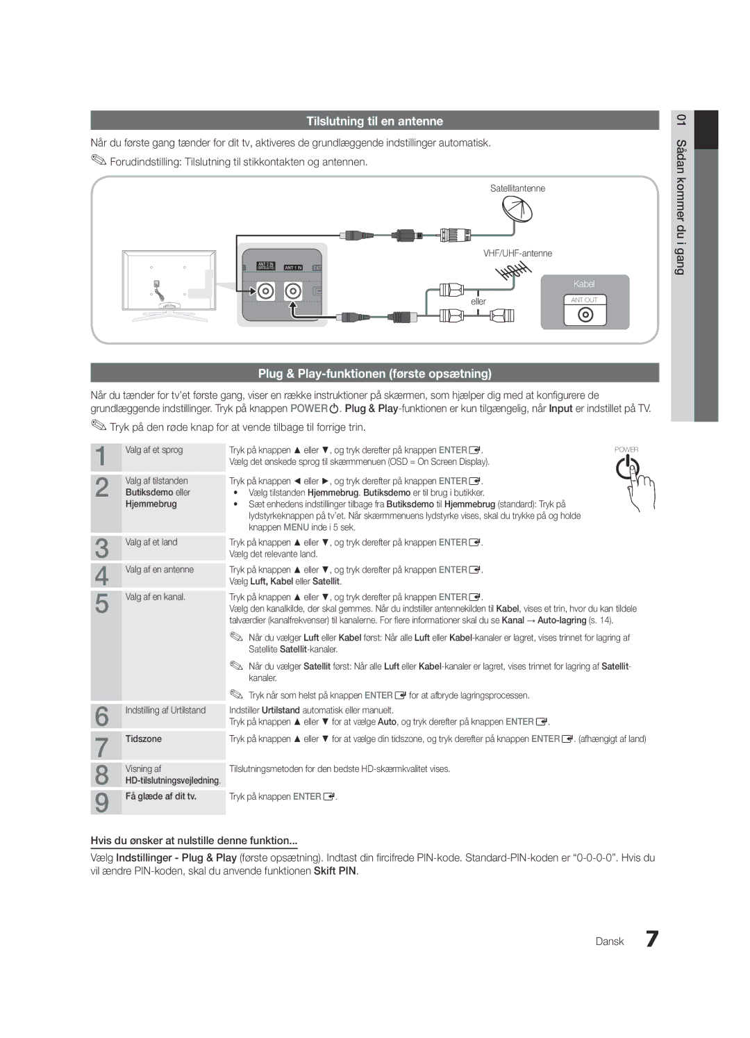 Samsung UE40C7705WSXXE, UE55C7700WSXXN, UE55C7700WZXZG Tilslutning til en antenne, Plug & Play-funktionen første opsætning 