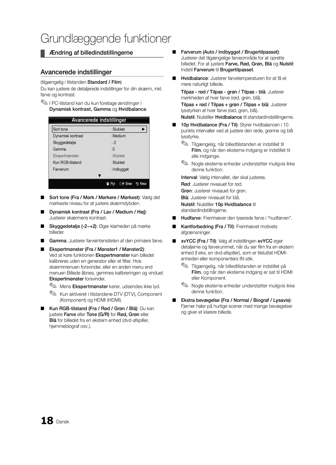 Samsung UE55C7000WWXXC, UE55C7700WSXXN, UE55C7700WZXZG manual Avancerede indstillinger, Ændring af billedindstillingerne 