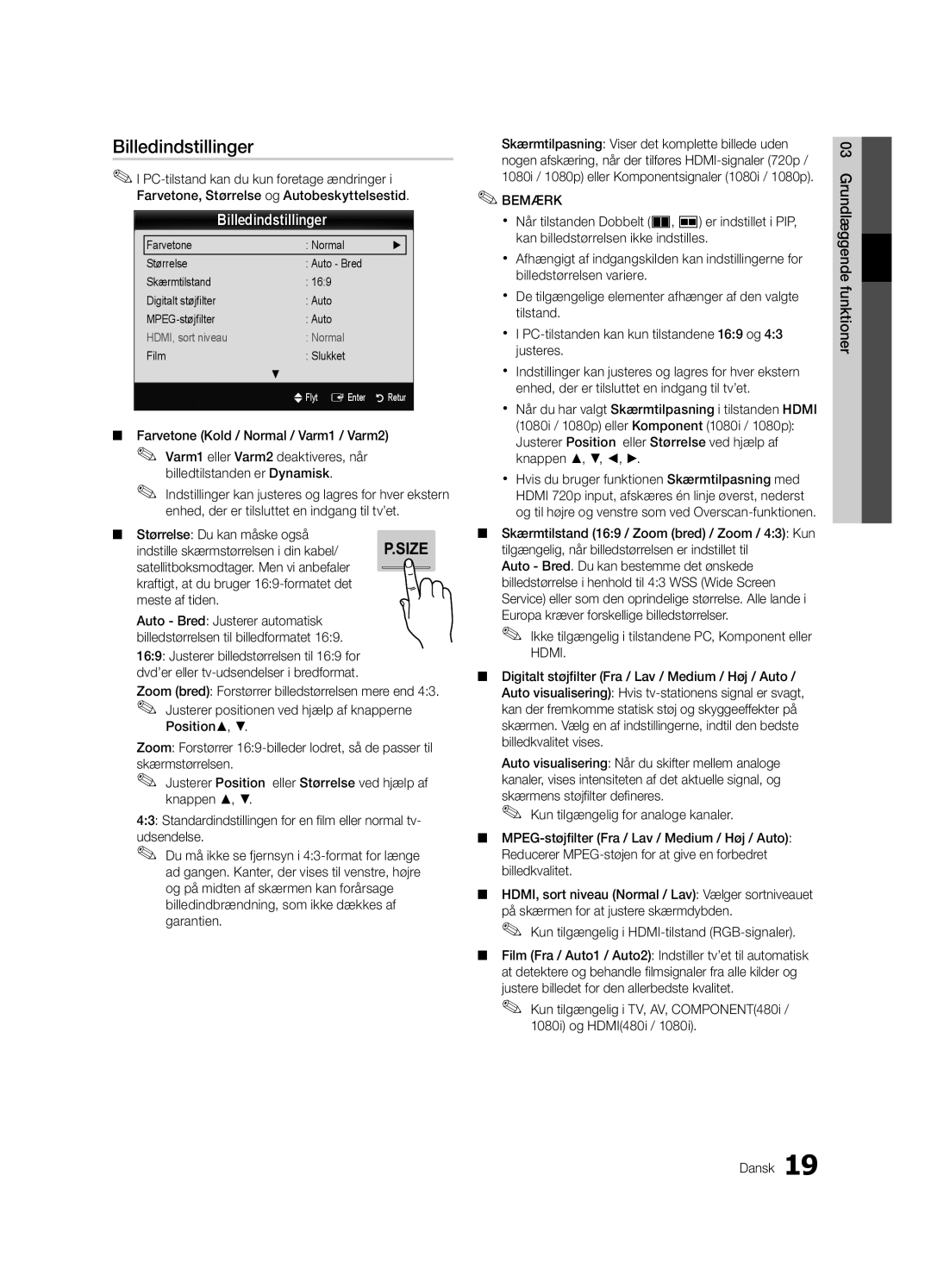 Samsung UE40C7000WWXXH manual Billedindstillinger, Størrelse Du kan måske også, Indstille skærmstørrelsen i din kabel 