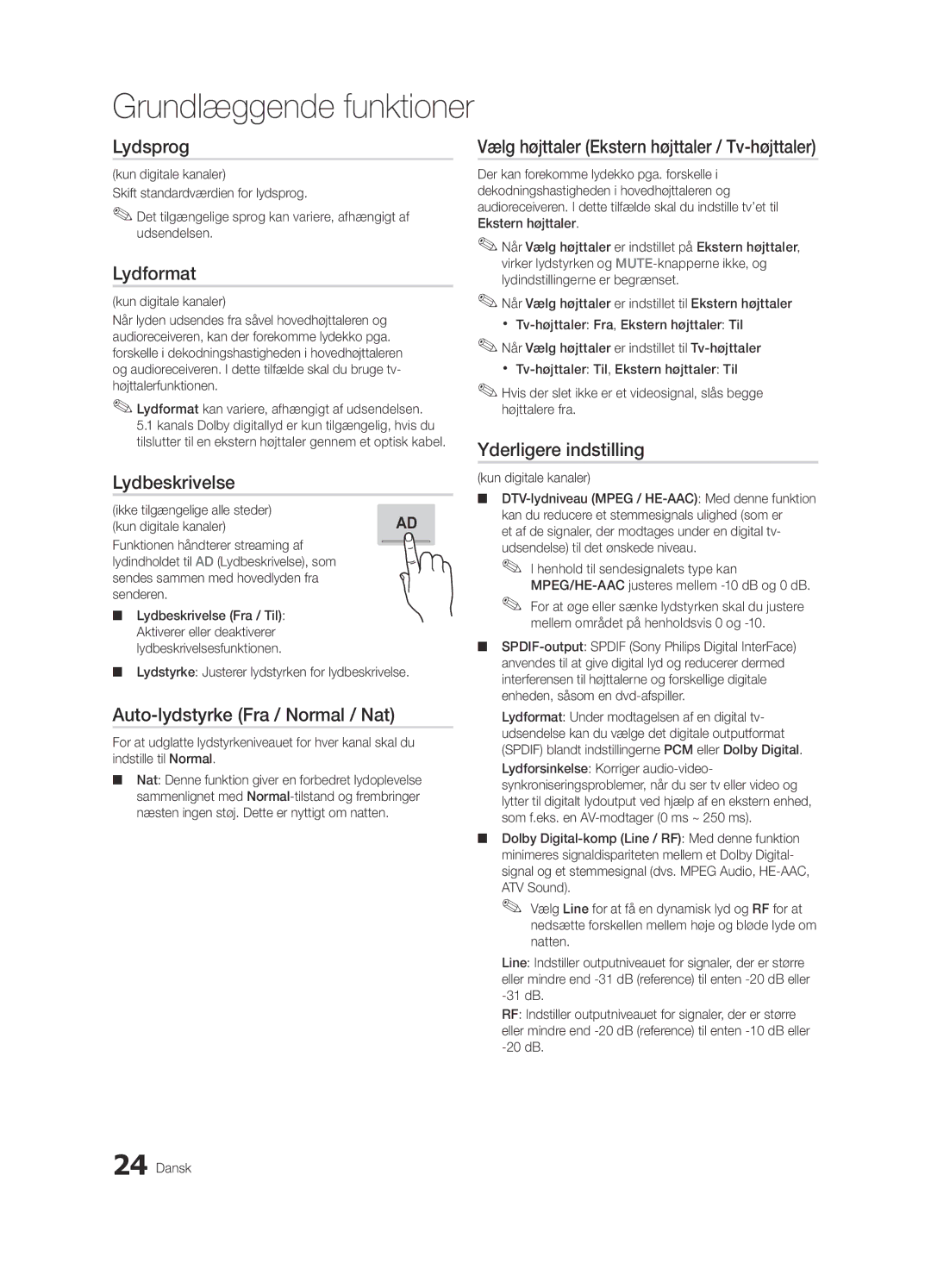 Samsung UE40C7705WSXXE Lydsprog, Lydformat, Lydbeskrivelse, Auto-lydstyrke Fra / Normal / Nat, Yderligere indstilling 