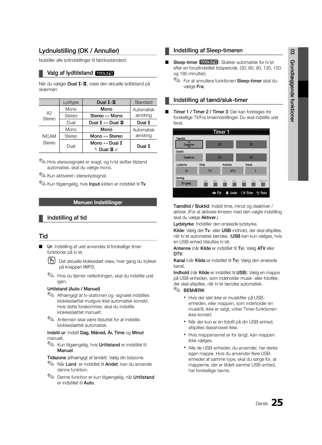 Samsung UE55C7700WSXXN, UE55C7700WZXZG manual Lydnulstilling OK / Annuller, Valg af lydtilstand t, Indstilling af tid 