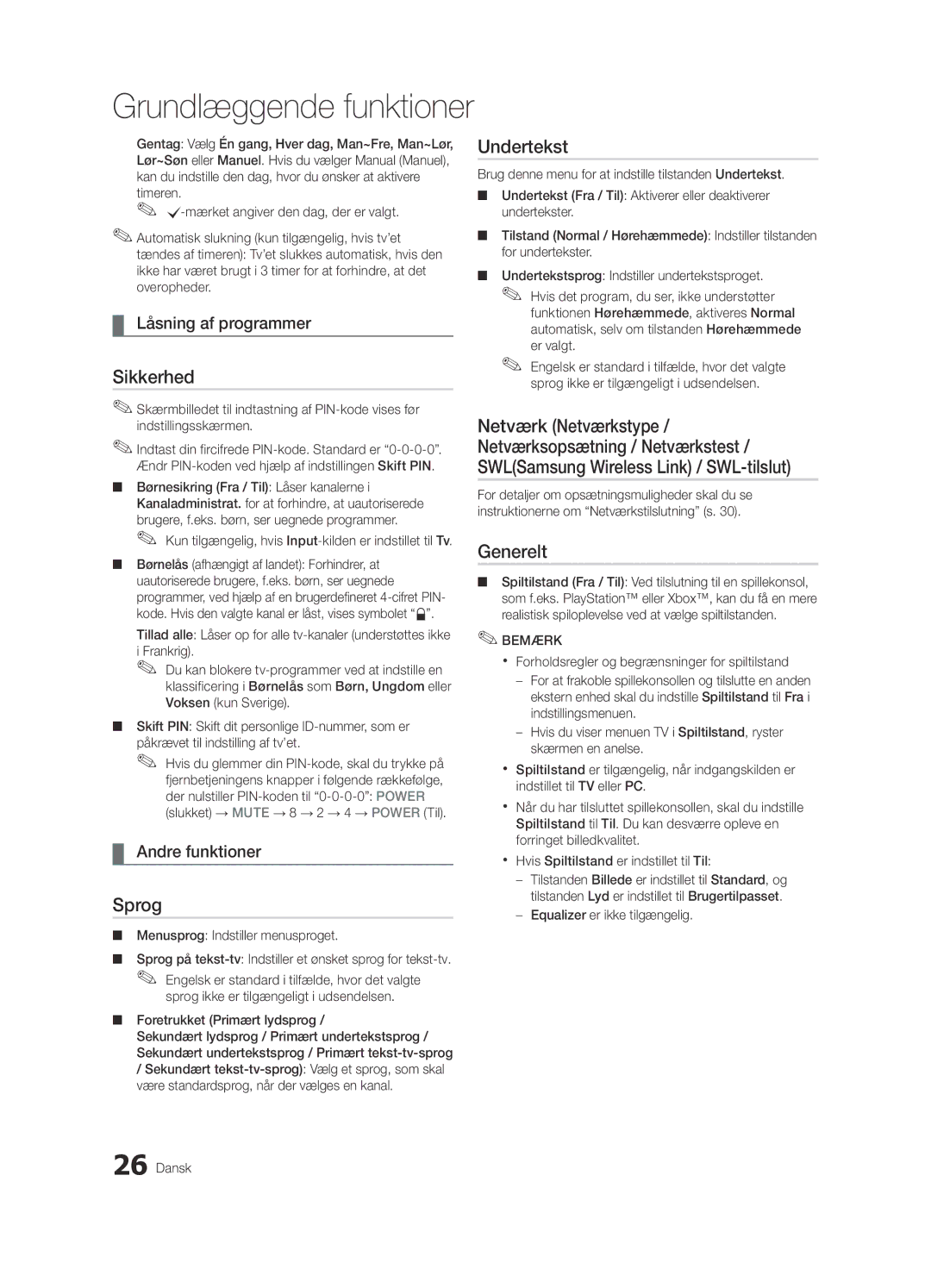 Samsung UE55C7700WZXZG, UE55C7700WSXXN, UE40C7700WSXXN manual Sikkerhed, Sprog, Undertekst, Generelt, Låsning af programmer 