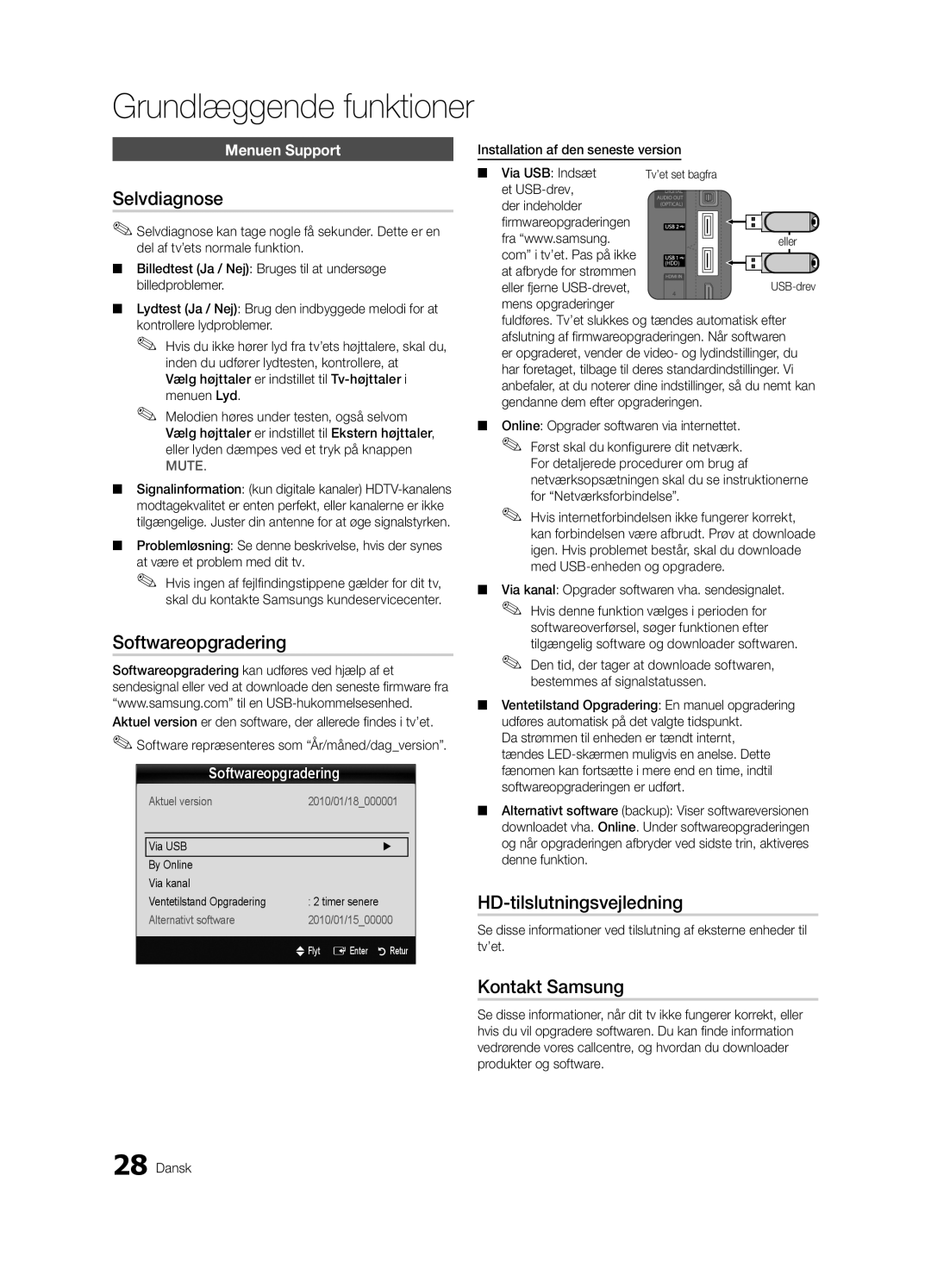 Samsung UE40C7700WZXZG, UE55C7700WSXXN manual Selvdiagnose, Softwareopgradering, HD-tilslutningsvejledning, Kontakt Samsung 