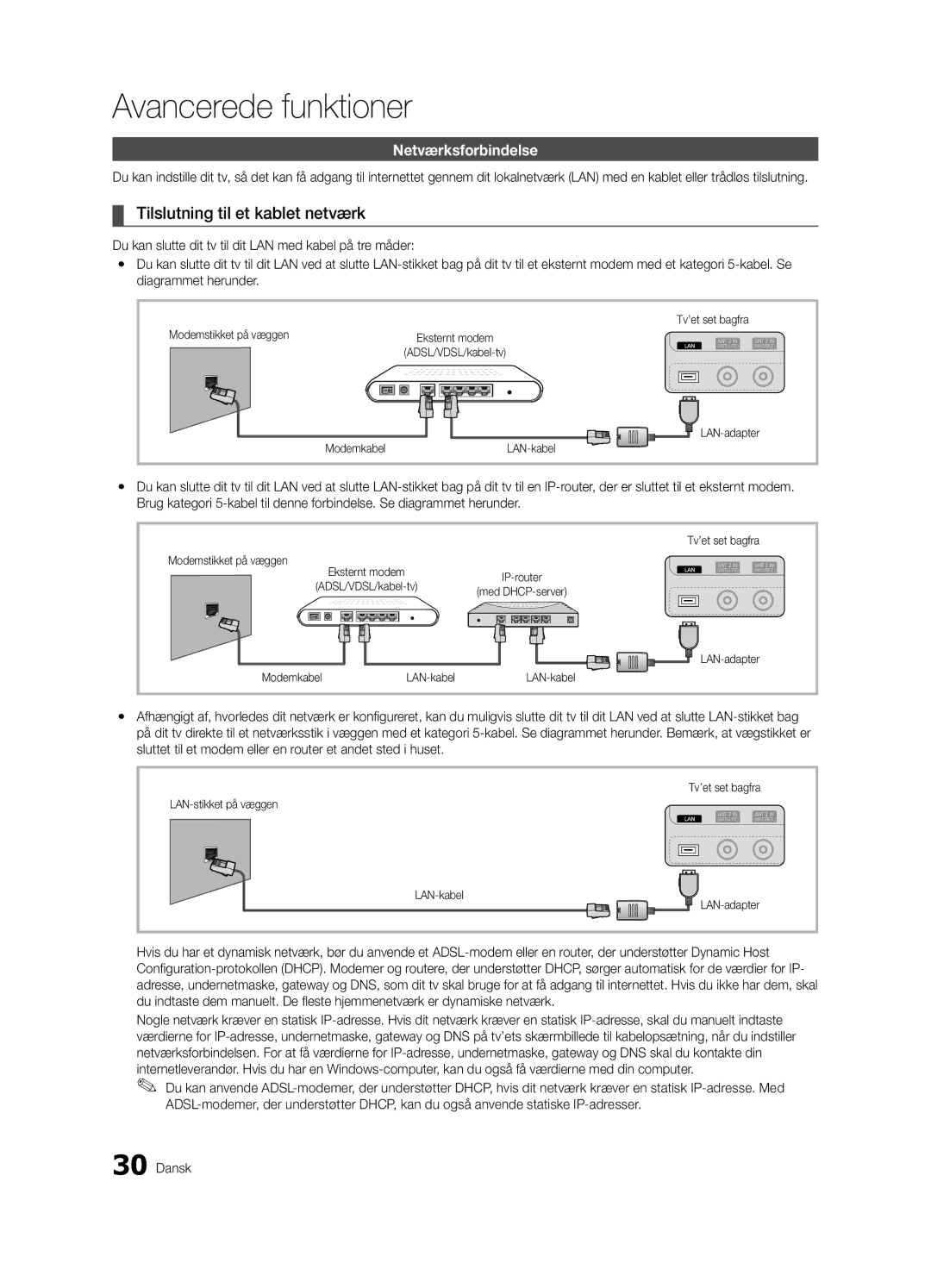 Samsung UE40C7700WSXZG, UE55C7700WSXXN, UE55C7700WZXZG manual Tilslutning til et kablet netværk, Netværksforbindelse 