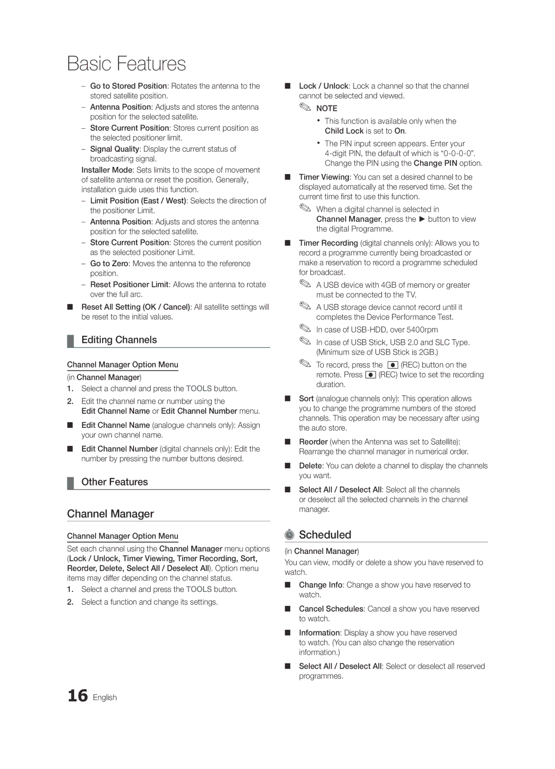 Samsung UE40C7705WSXXE, UE55C7700WSXXN manual Scheduled, Editing Channels, Other Features, Channel Manager Option Menu 