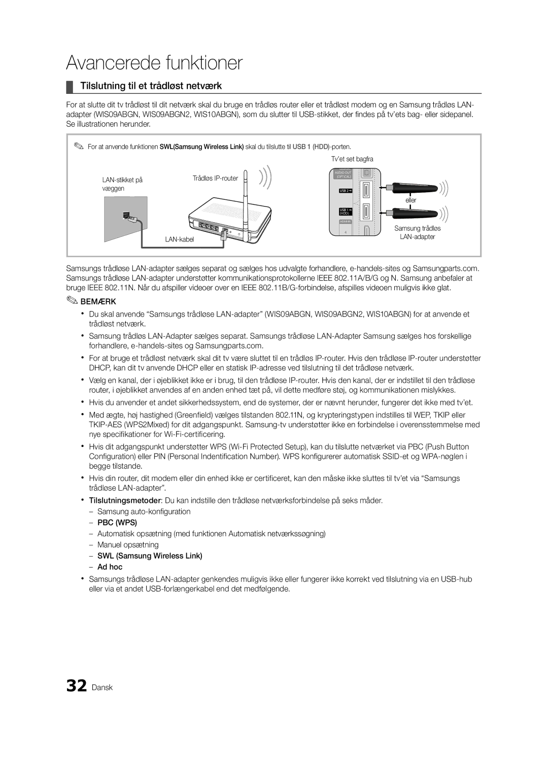 Samsung UE40C7700WSXZF, UE55C7700WSXXN, UE55C7700WZXZG, UE40C7700WSXXN, UE40C7700WZXZG Tilslutning til et trådløst netværk 