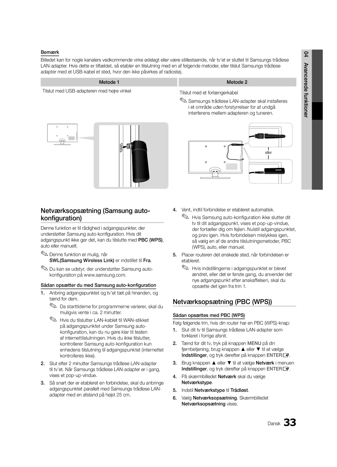 Samsung UE40C7000WPXZT, UE55C7700WSXXN, UE55C7700WZXZG, UE40C7700WSXXN, UE40C7700WZXZG manual Netværksopsætning PBC WPS 