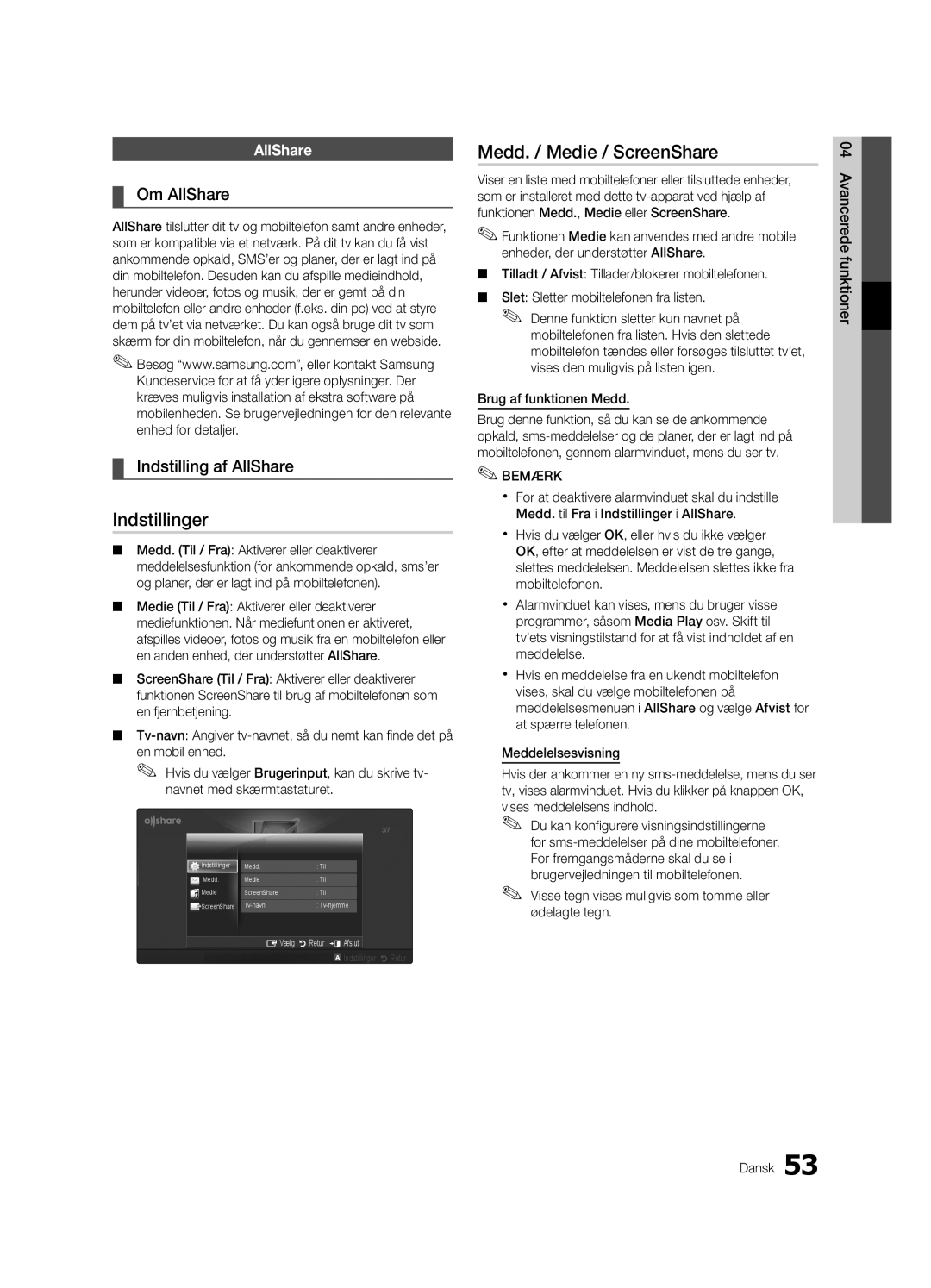 Samsung UE40C7000WWXXH, UE55C7700WSXXN, UE55C7700WZXZG Indstillinger, Medd. / Medie / ScreenShare, Indstilling af AllShare 