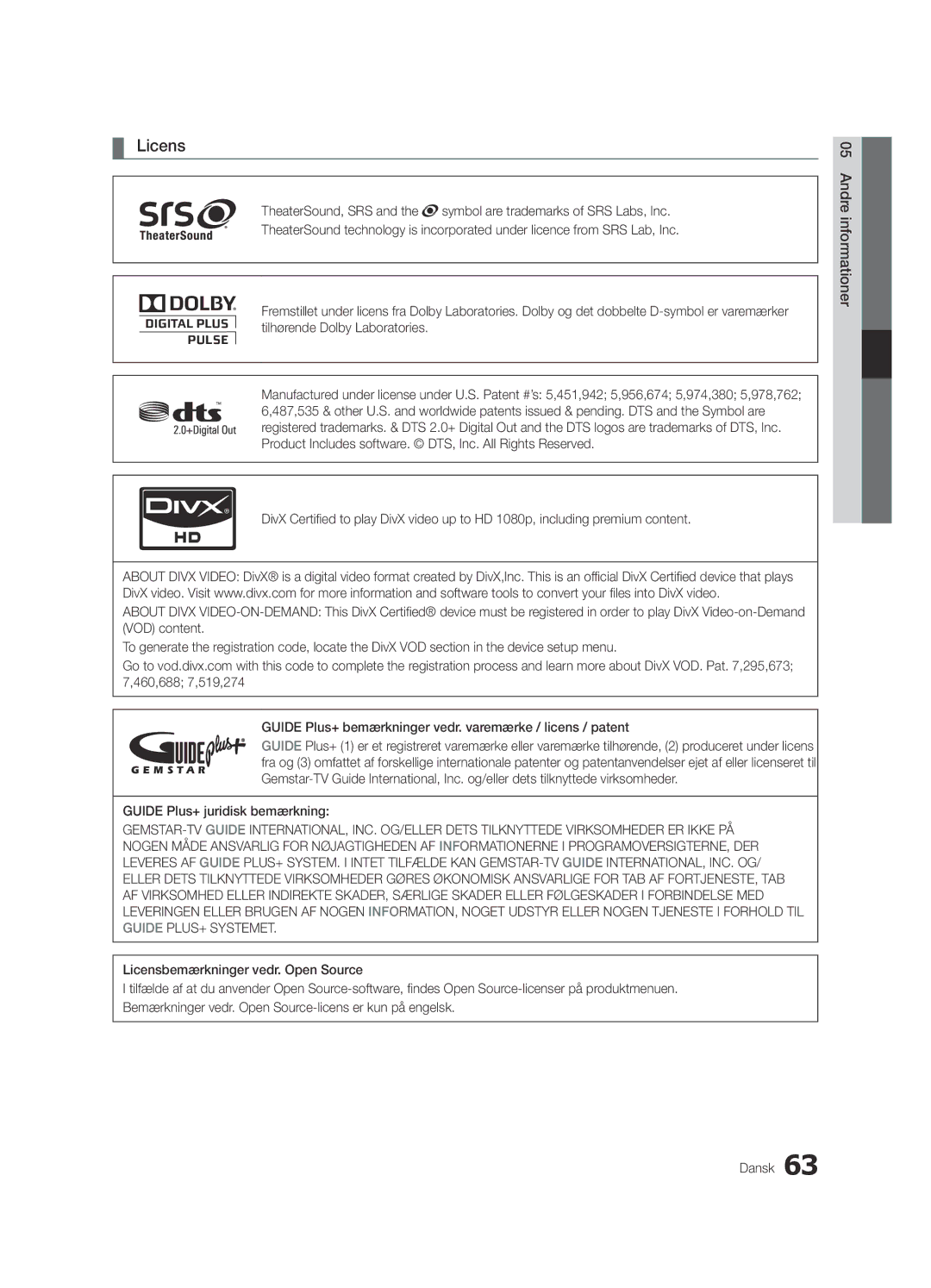 Samsung UE55C7700WSXZG, UE55C7700WSXXN, UE55C7700WZXZG, UE40C7700WSXXN manual Licens, Guide Plus+ juridisk bemærkning 