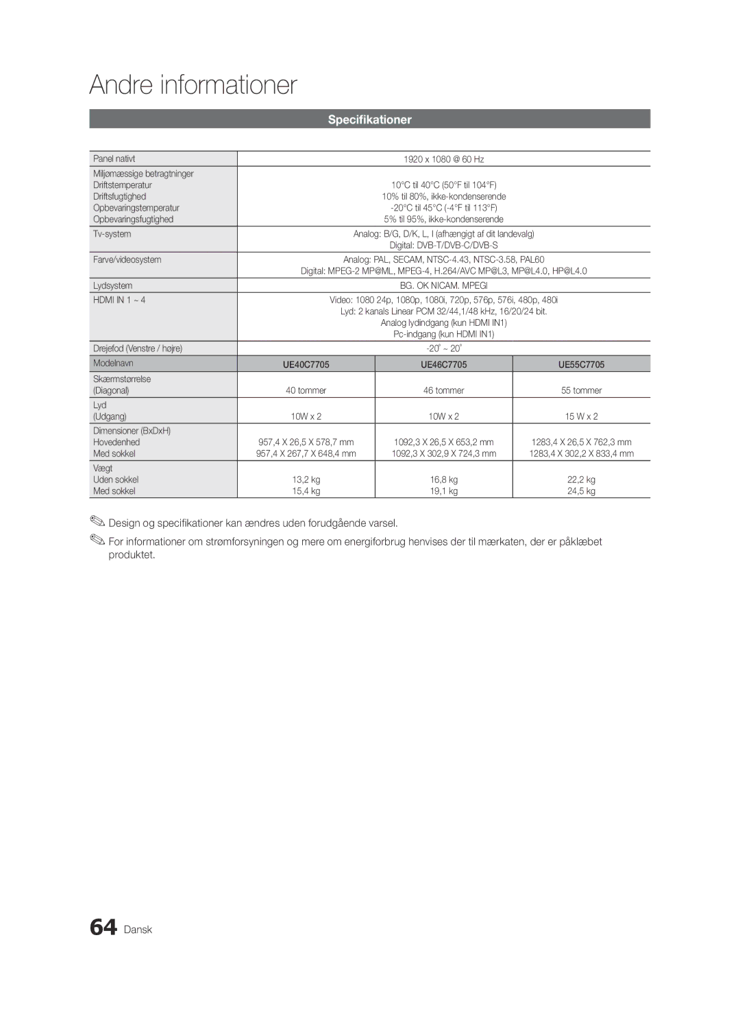 Samsung UE40C7700WSXZG Panel nativt, Miljømæssige betragtninger Driftstemperatur, Driftsfugtighed, Opbevaringstemperatur 