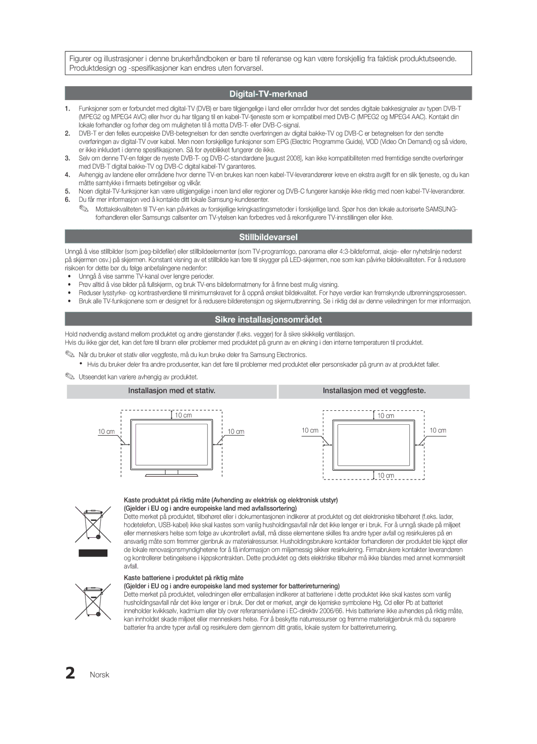 Samsung UE40C7700WSXZF, UE55C7700WSXXN, UE55C7700WZXZG manual Installasjon med et stativ Installasjon med et veggfeste, Norsk 