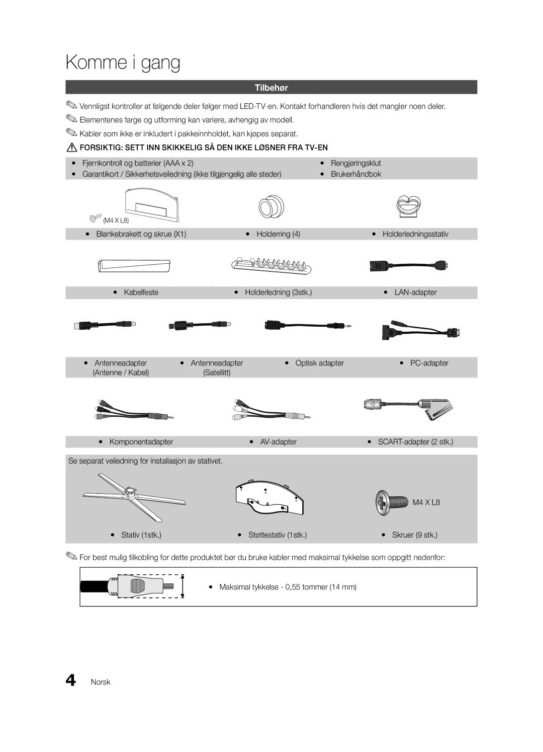 Samsung UE40C7000WWXXC manual Komme i gang, Yy Blankebrakett og skrue Yy Holderring, Yy Kabelfeste Yy Holderledning 3stk 