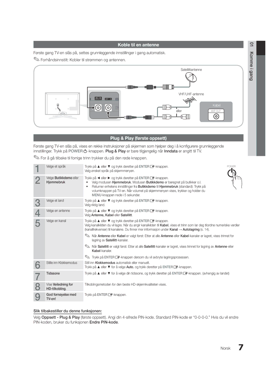 Samsung UE55C7000WWXXH, UE55C7700WSXXN, UE55C7700WZXZG, UE40C7700WSXXN manual Koble til en antenne, Plug & Play første oppsett 