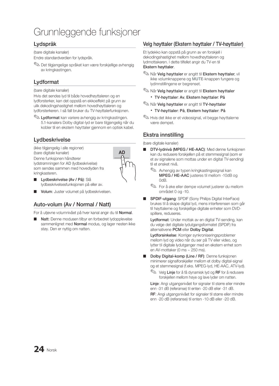 Samsung UE55C7000WWXXH manual Lydspråk, Velg høyttaler Ekstern høyttaler / TV-høyttaler, Auto-volum Av / Normal / Natt 