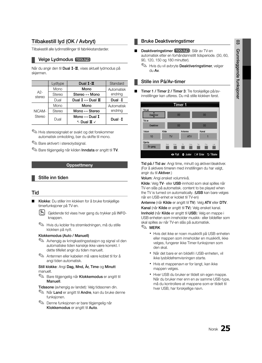 Samsung UE40C7000WKXXU manual Tilbakestill lyd OK / Avbryt, Velge Lydmodus t, Stille inn tiden, Bruke Deaktiveringstimer 