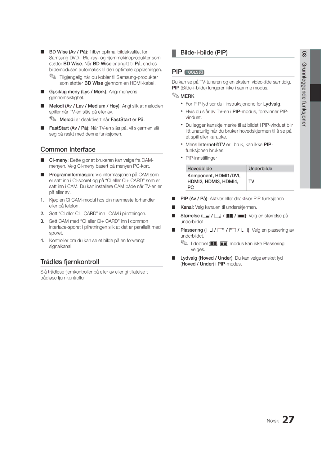 Samsung UE55C7705WSXXE, UE55C7700WSXXN, UE55C7700WZXZG, UE40C7700WSXXN manual Trådløs fjernkontroll, Bilde-i-bilde PIP 