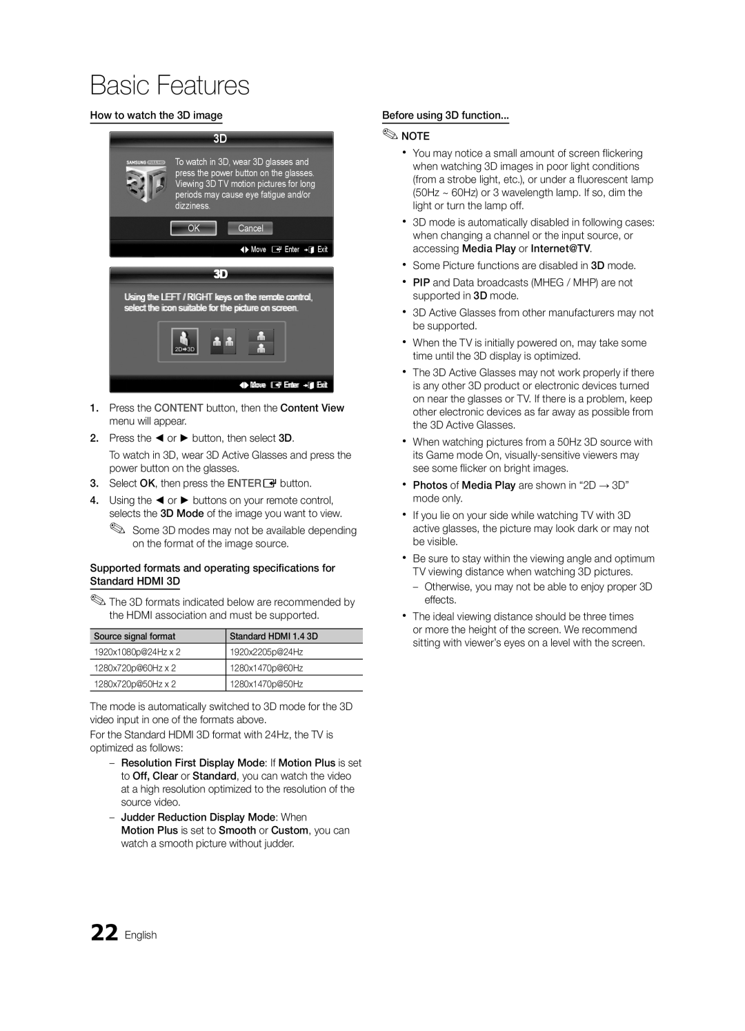 Samsung UE40C7700WSXZG manual How to watch the 3D image, Otherwise, you may not be able to enjoy proper 3D effects 