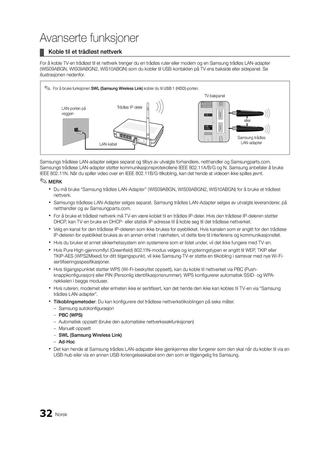 Samsung UE40C7700WZXZG, UE55C7700WSXXN, UE55C7700WZXZG, UE40C7700WSXXN, UE55C7700WSXZG manual Koble til et trådløst nettverk 