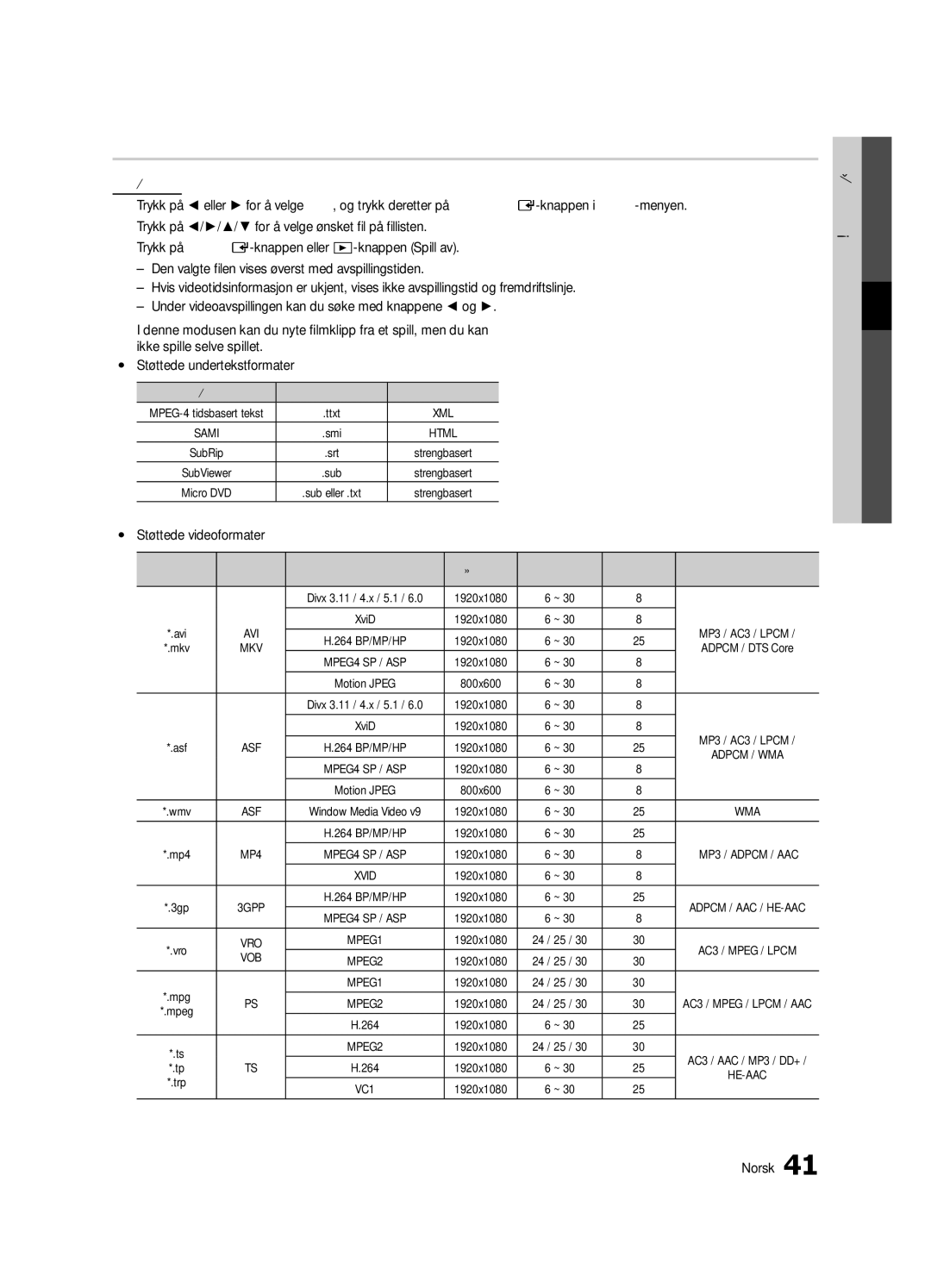 Samsung UE55C7000WWXXH, UE55C7700WSXXN, UE55C7700WZXZG, UE40C7700WSXXN Yy Støttede videoformater, Navn Filendelse Format 