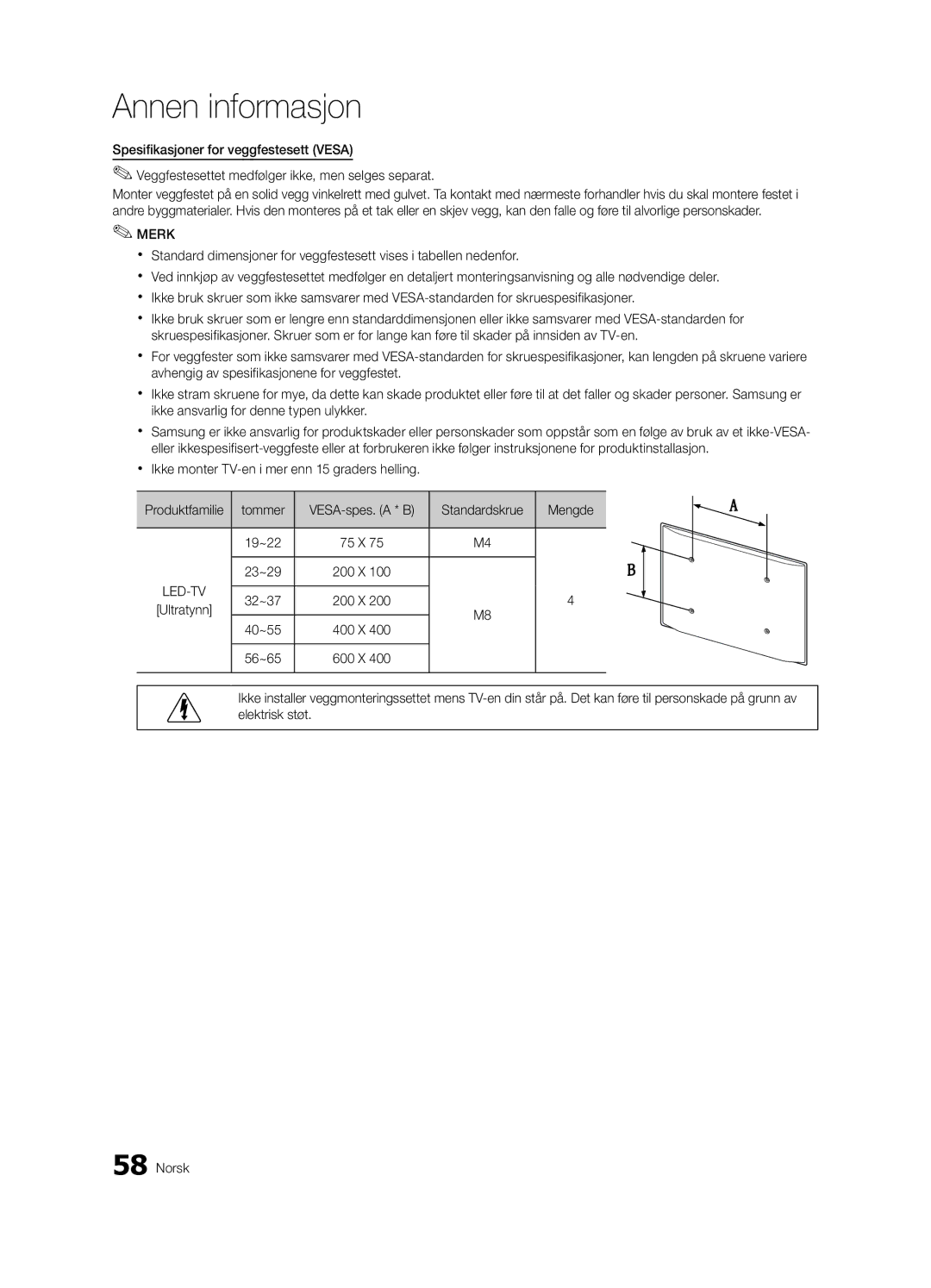 Samsung UE55C7000WWXXH, UE55C7700WSXXN, UE55C7700WZXZG, UE40C7700WSXXN manual Standardskrue Mengde, 19~22 75 X 23~29 200 X 