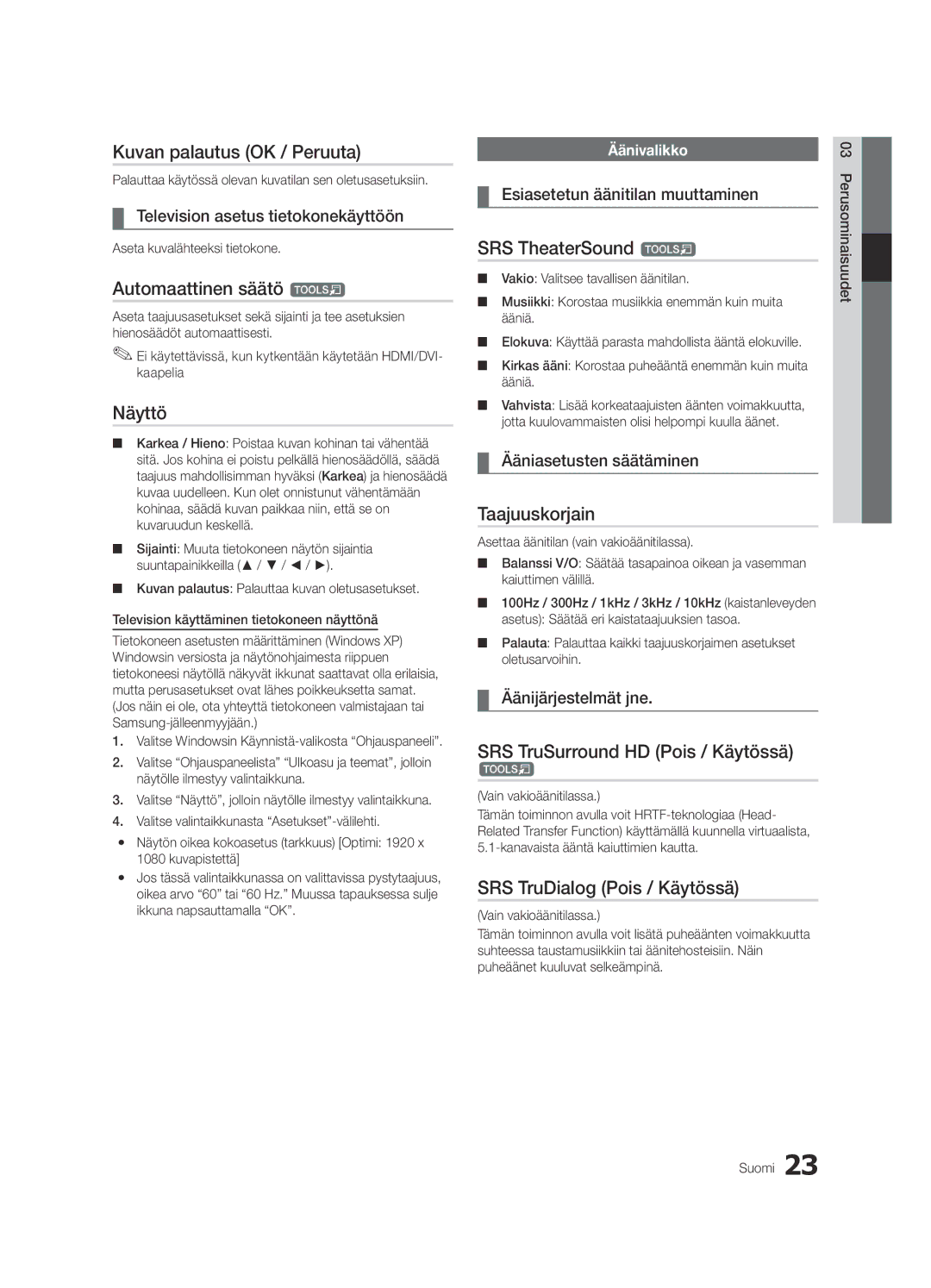 Samsung UE40C7700WSXZF, UE55C7700WSXXN manual Kuvan palautus OK / Peruuta, Automaattinen säätö t, Näyttö, Taajuuskorjain 