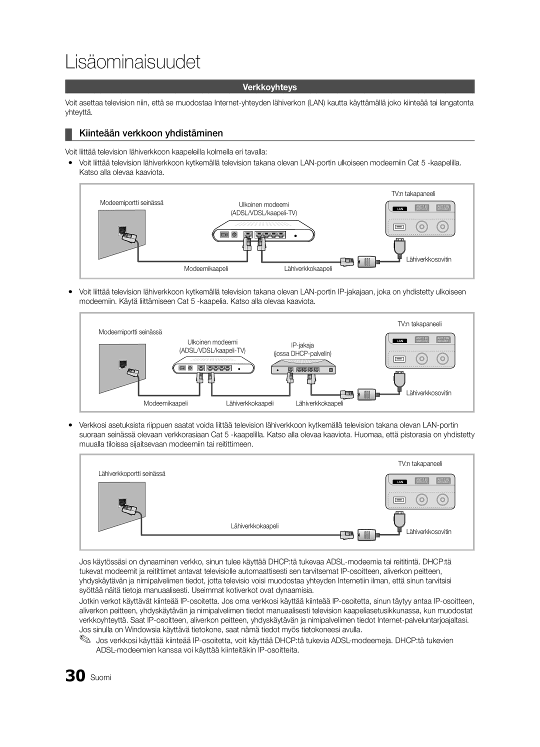 Samsung UE46C7705WSXXE, UE55C7700WSXXN, UE55C7700WZXZG, UE40C7700WSXXN manual Kiinteään verkkoon yhdistäminen, Verkkoyhteys 