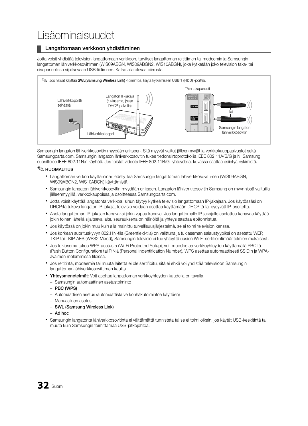 Samsung UE40C7705WSXXE, UE55C7700WSXXN, UE55C7700WZXZG, UE40C7700WSXXN Langattomaan verkkoon yhdistäminen, Seinässä, Tai 