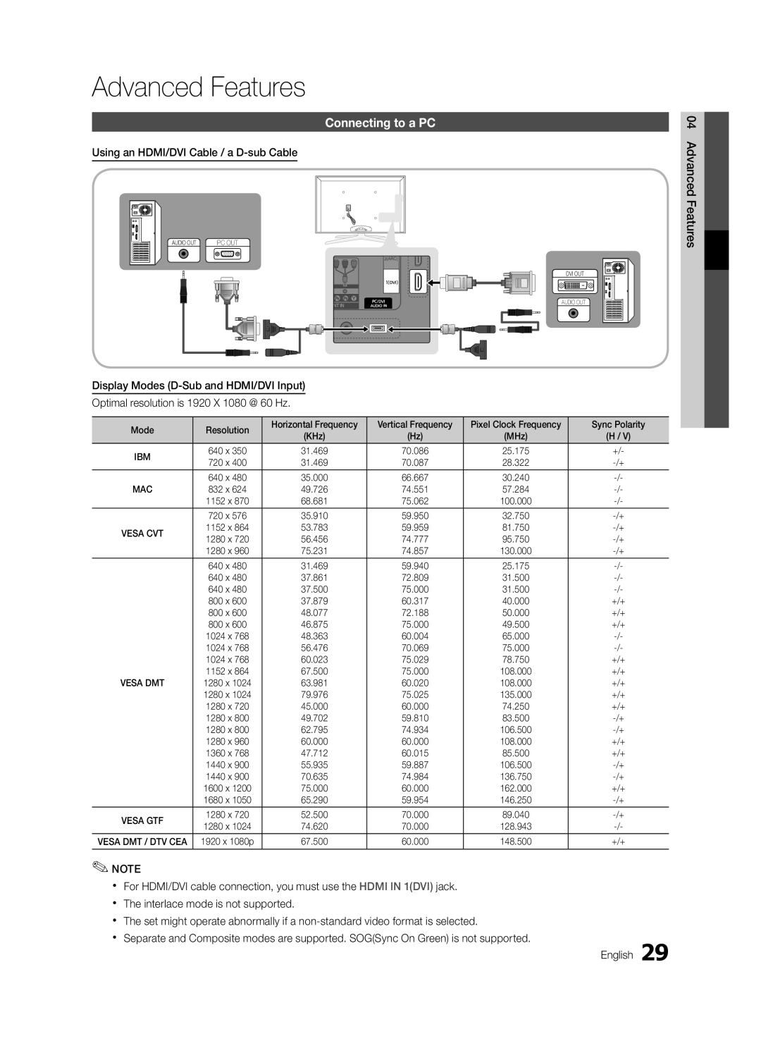 Samsung UE55C7000WWXXH Advanced Features, Connecting to a PC, Using an HDMI/DVI Cable / a D-sub Cable, 04Features Advanced 