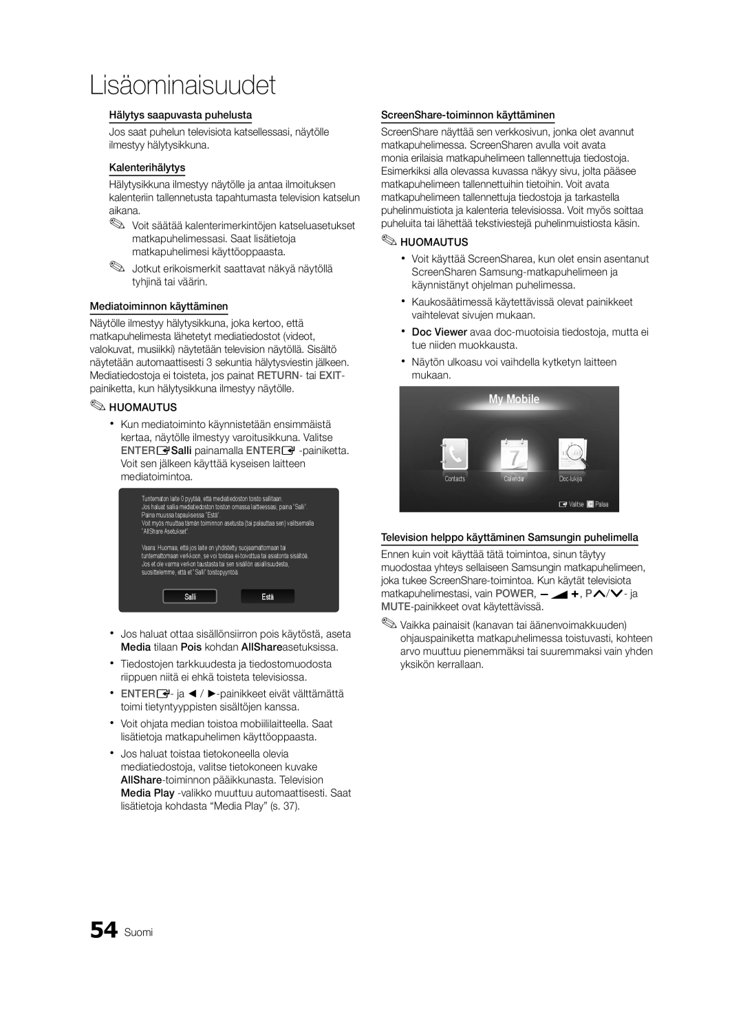 Samsung UE55C7700WSXZG, UE55C7700WSXXN, UE55C7700WZXZG manual My Mobile, Television helppo käyttäminen Samsungin puhelimella 